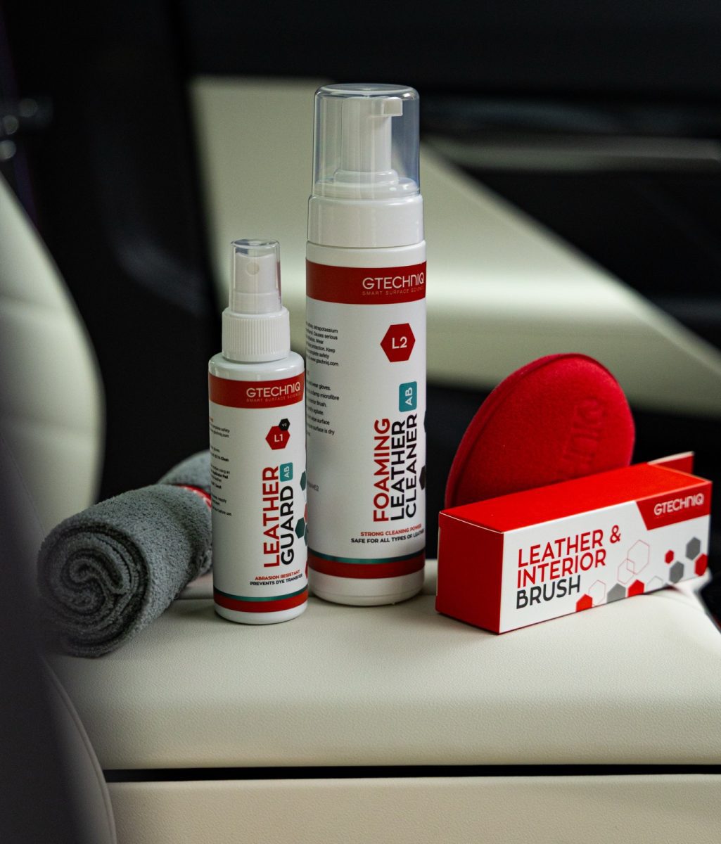 Gtechniq Complete Leather Care Kit — L2 Foaming Leather Cleaner, L1 Leather Guard, applicator, brush and microfibre