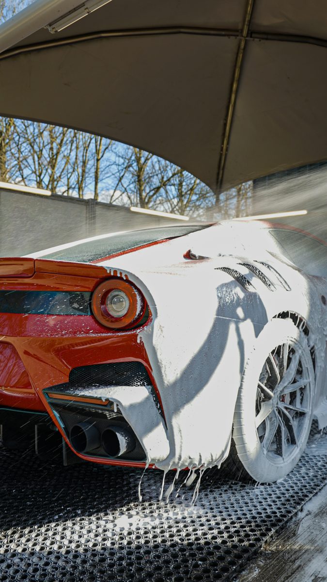 Snow foam being applied to a clean Gtechniq-coated car